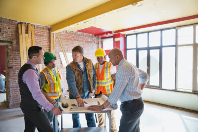 Foreman explaining blueprint to tradesmen at construction site, highlighting employment training opportunities through BRAED